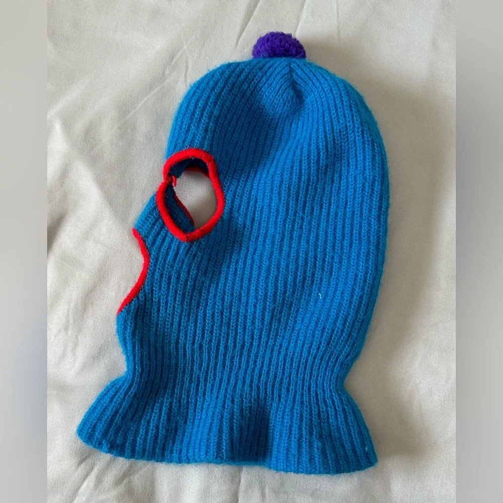 Vintage Blue Knit Mask with Red Trim